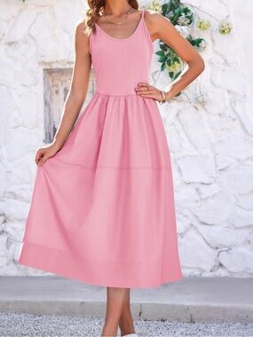 Sleeveless Pink Midi Dress with Scoop Neck and Gathered Waist
